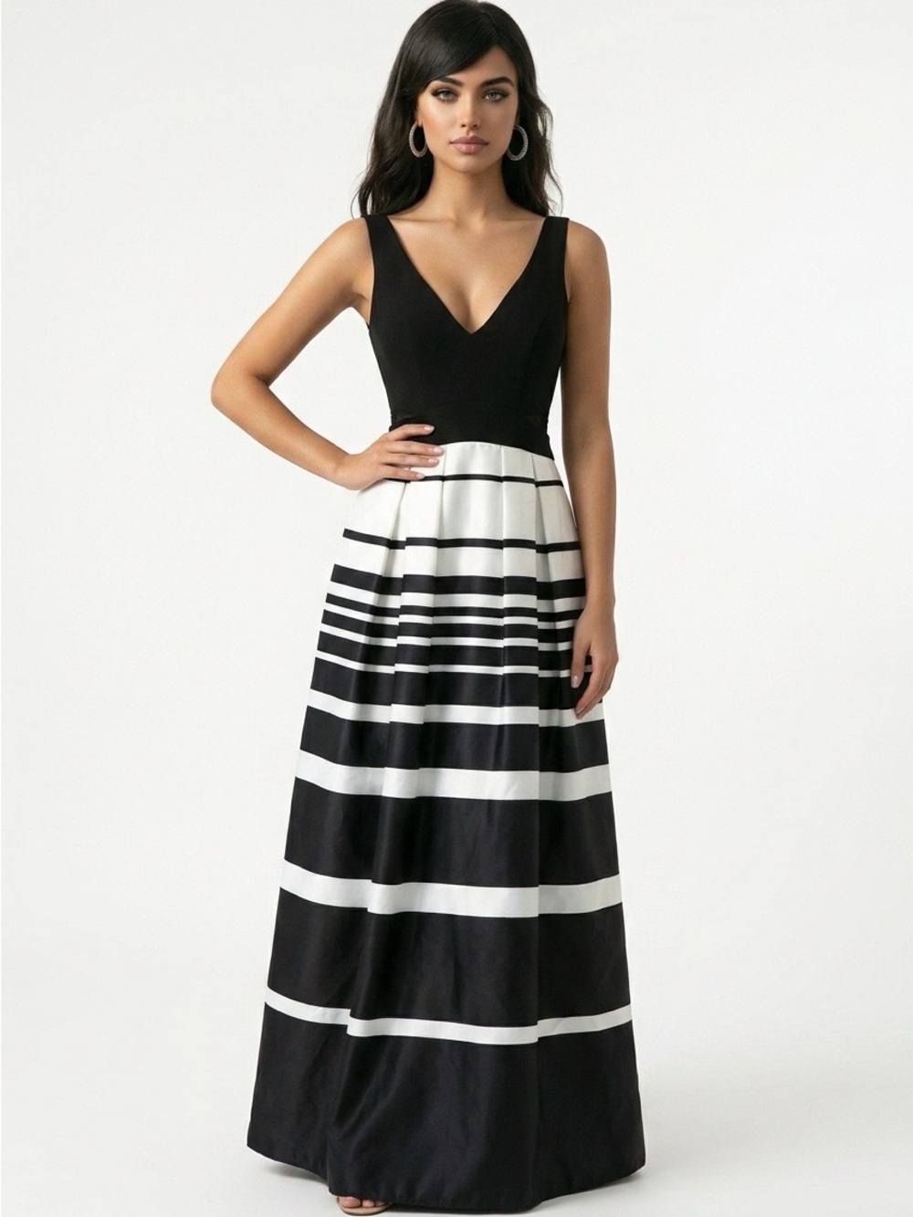 V-Neck Black & White Striped Formal Dress